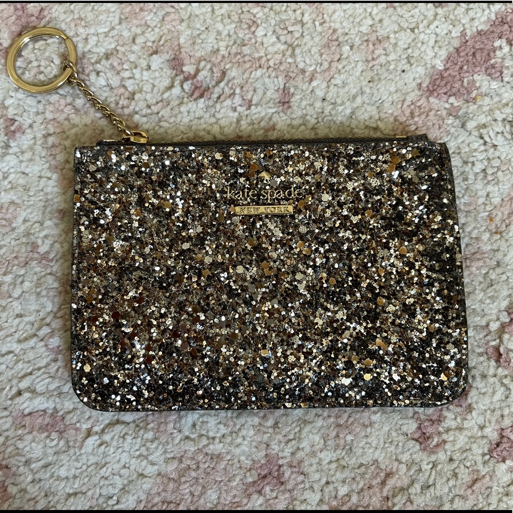 Kate Spade black silver glitter keychain card hldr
